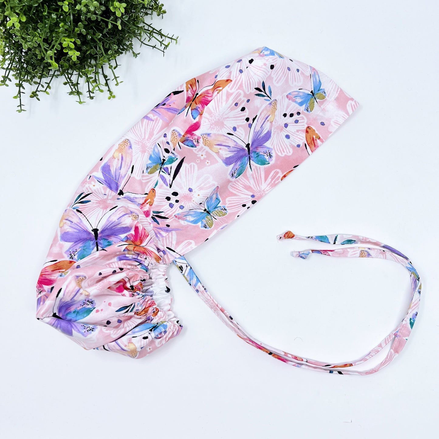 Floral ponytail scrub cap, Satin Lined Option. Summer scrub cap with ponytail holder.