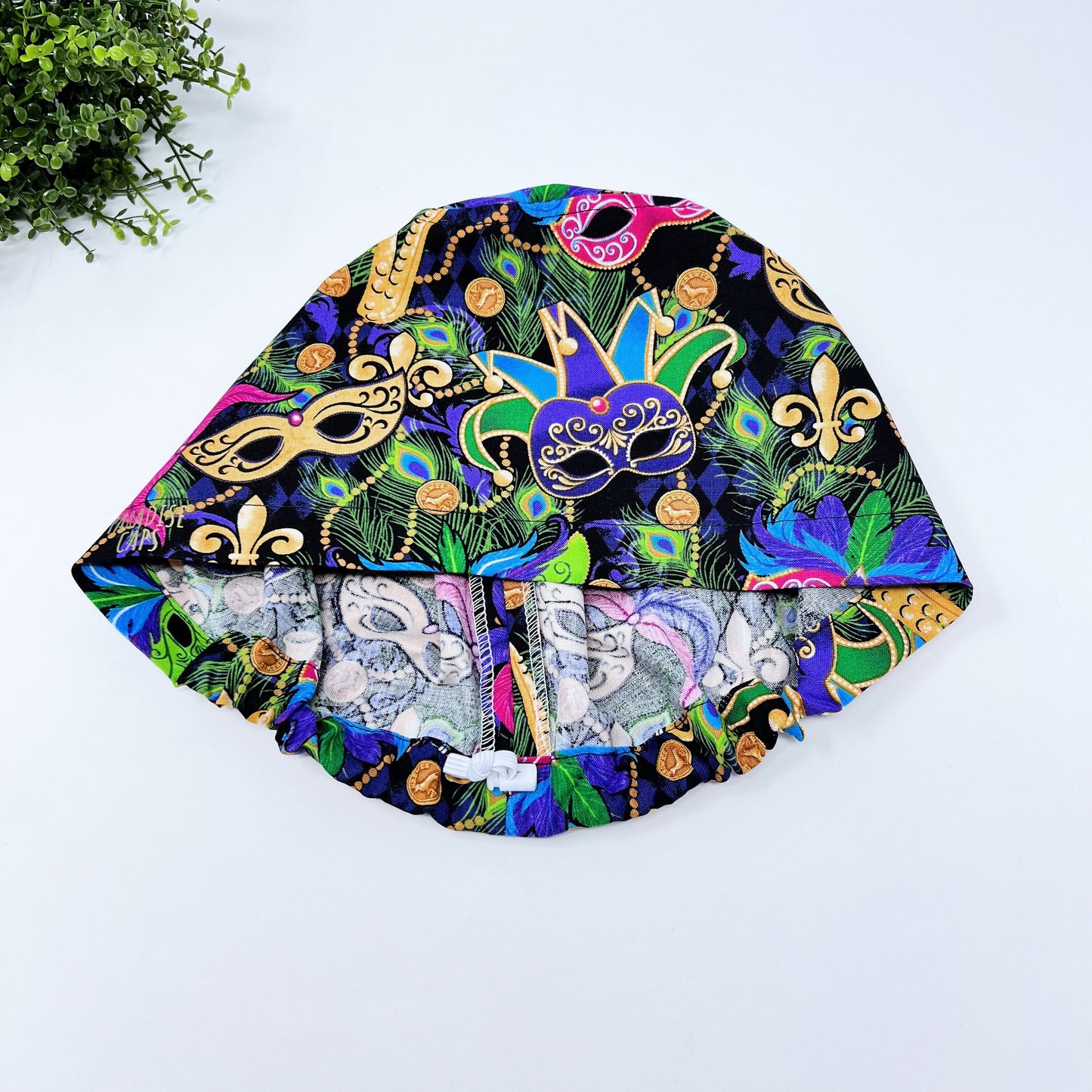 Mardi Gras Euro Scrub Cap for Women, Surgical cap Satin Lined Option