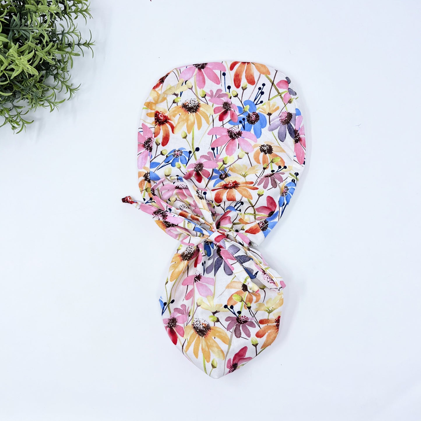 Floral ponytail scrub cap,  Summer scrub cap with ponytail holder. Satin Lined Option.