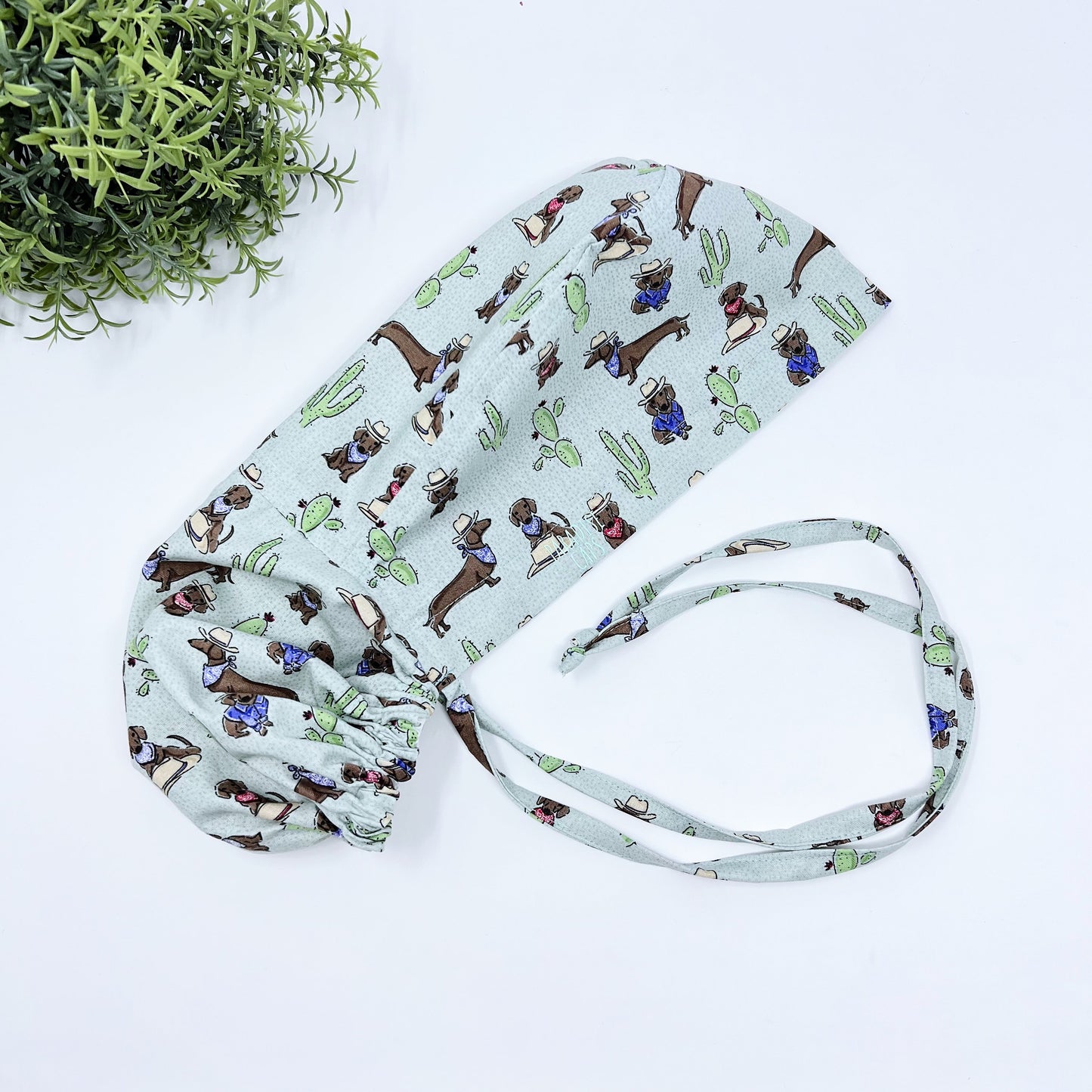 Dachshunds ponytail scrub cap, Satin Lined Option. Dogs scrub cap with ponytail holder.