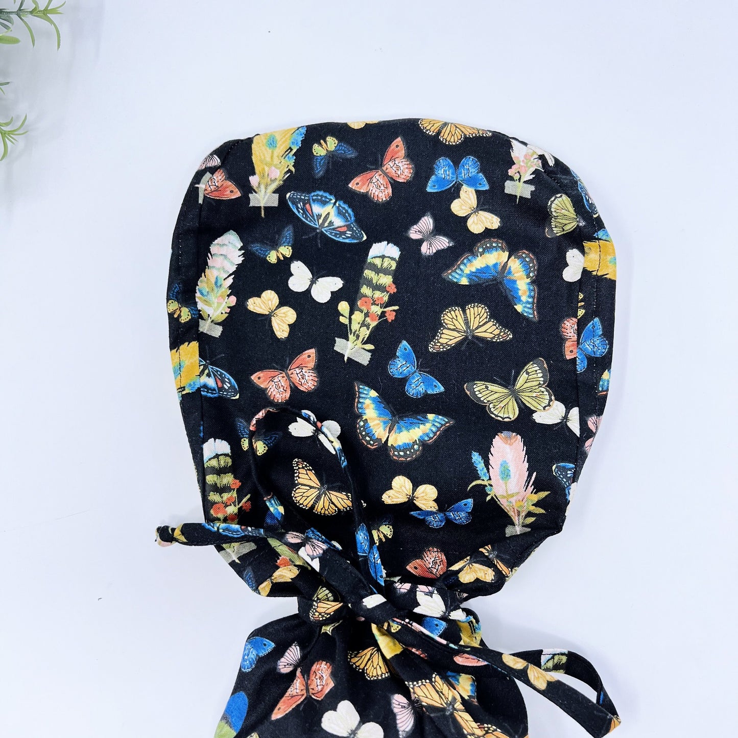 Butterflies ponytail scrub cap, Satin Lined Option. Scrub cap with ponytail holder.