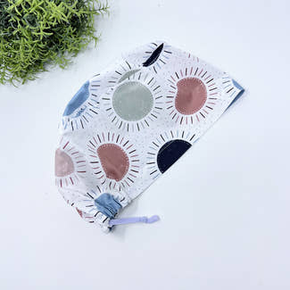 Navy & Coral Suns Euro Scrub Cap for Women with Satin Lined Option by Paradise Caps.