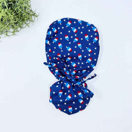 4th of July ponytail scrub cap, Summer scrub cap with ponytail holder.