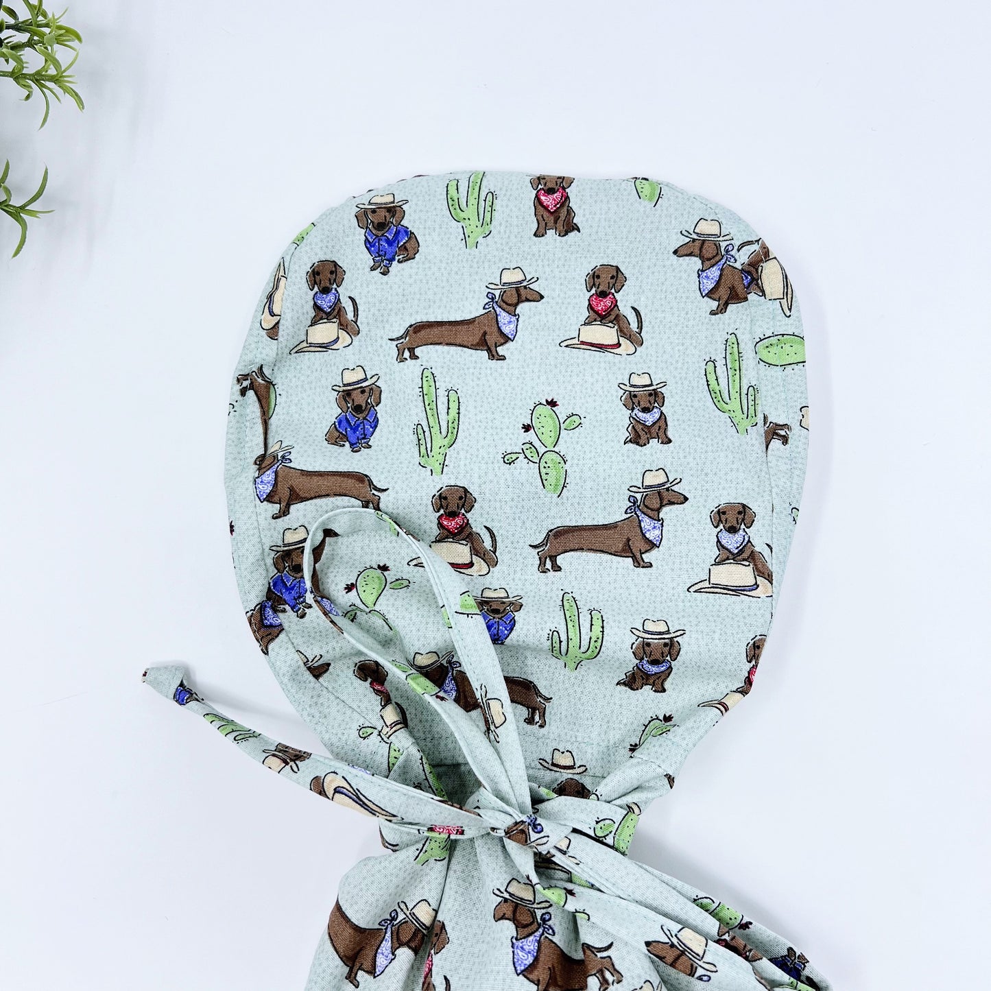 Dachshunds ponytail scrub cap, Satin Lined Option. Dogs scrub cap with ponytail holder.