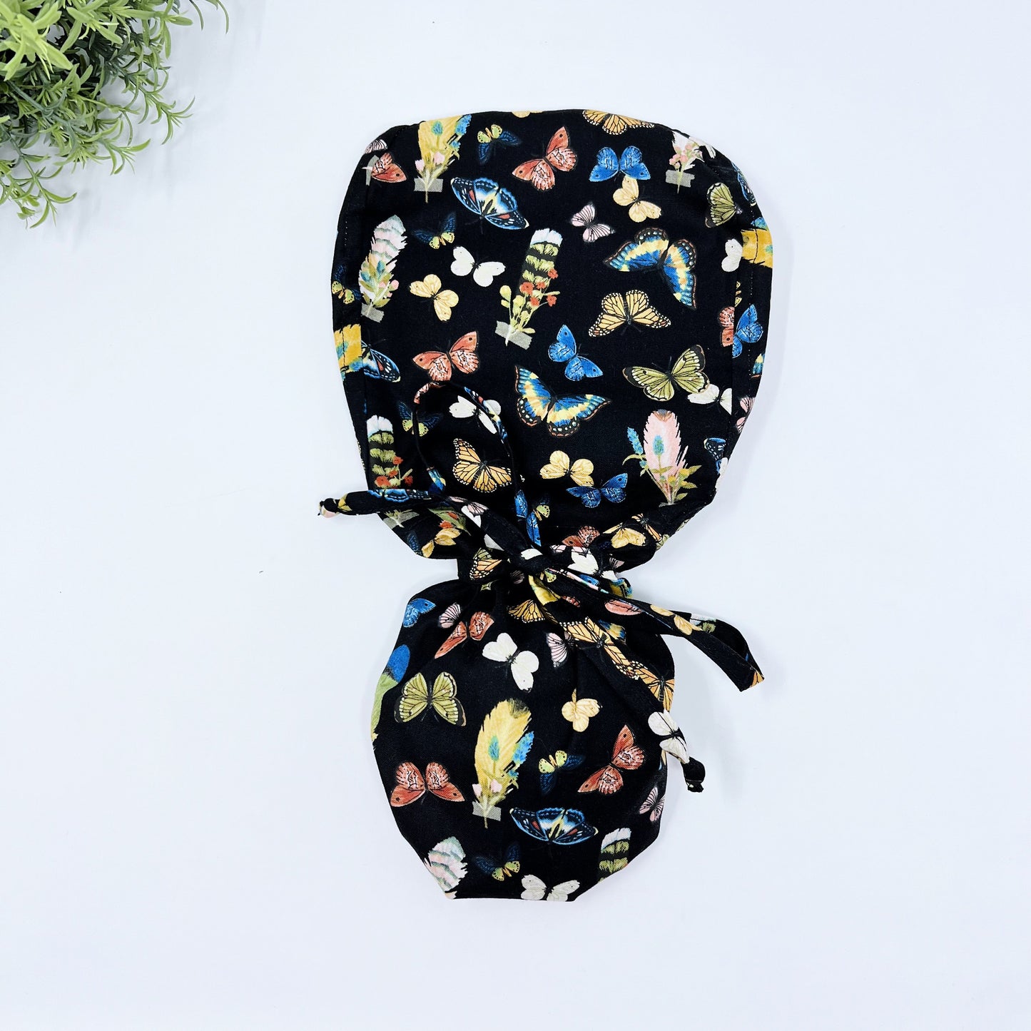 Butterflies ponytail scrub cap, Satin Lined Option. Scrub cap with ponytail holder.