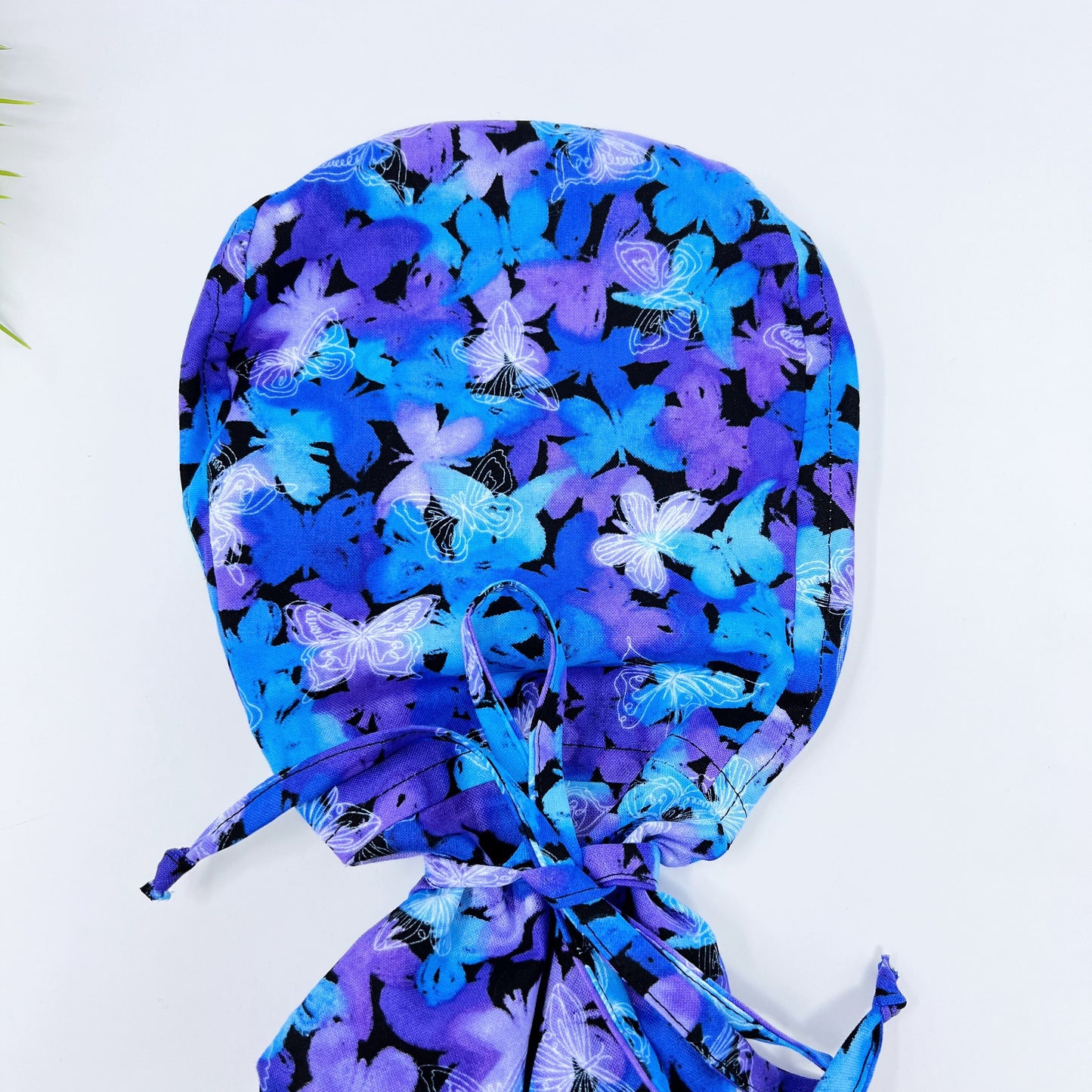 Butterflies ponytail scrub cap, Satin Lined Option. Summer scrub cap with ponytail holder.