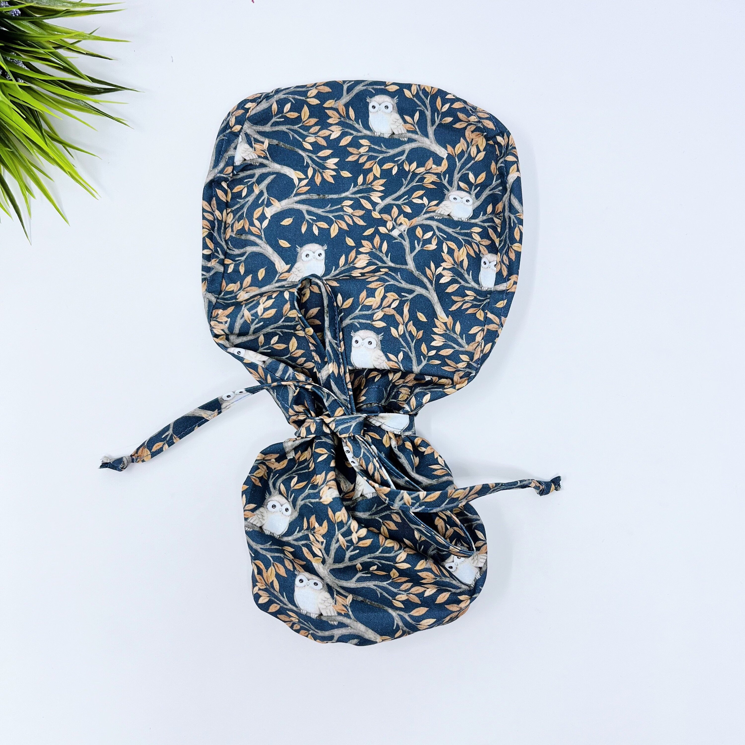 Owls Ponytail scrub cap, Surgical cap and badge holder from premium cotton. Summer scrub cap with ponytail holder.