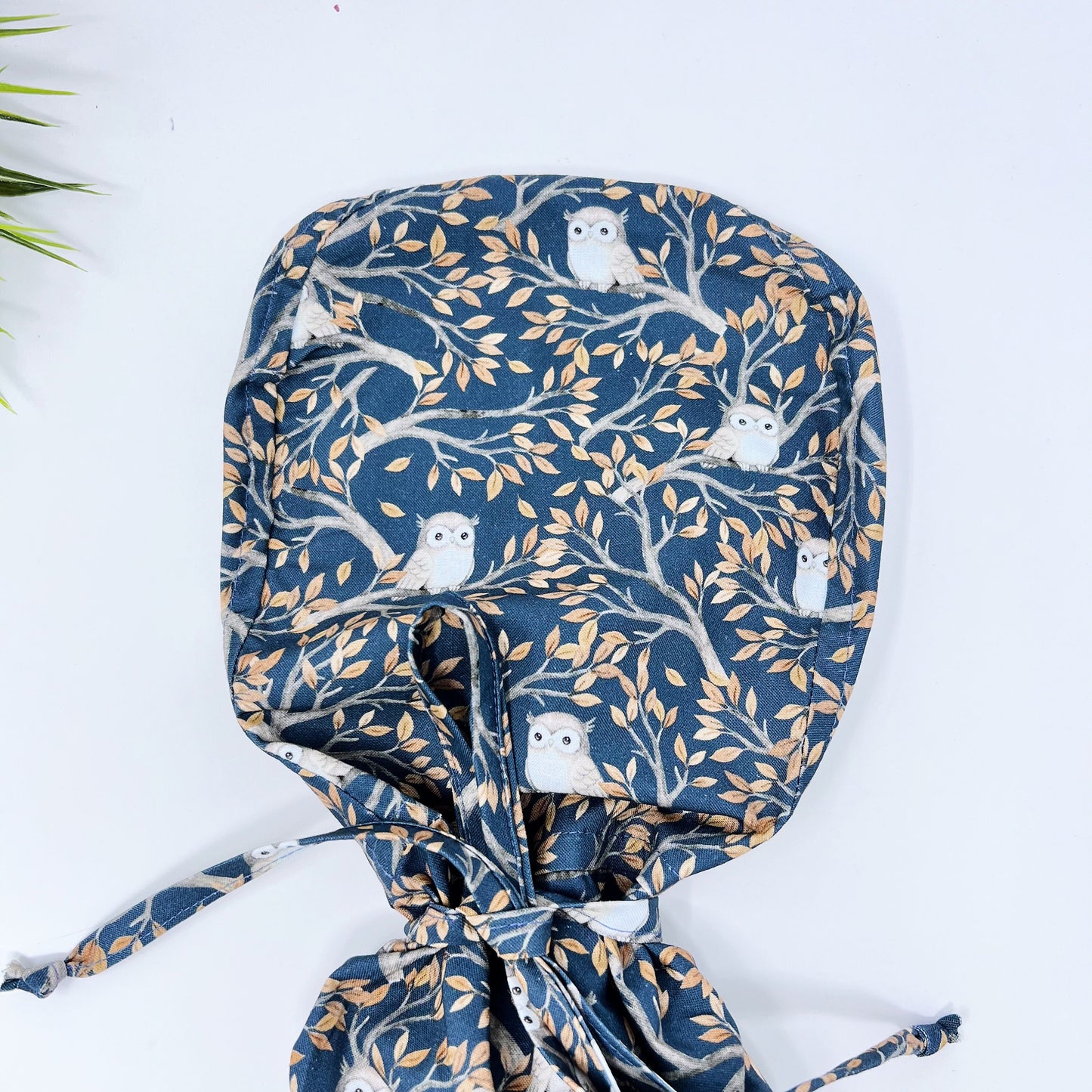 Owls Ponytail scrub cap, Surgical cap and badge holder from premium cotton. Summer scrub cap with ponytail holder.