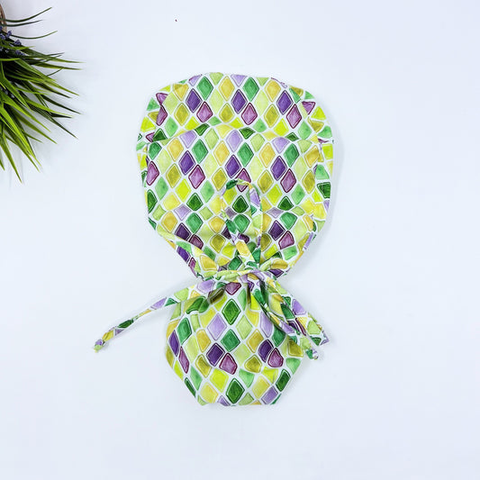 Mardi Gras ParadeDiamonds Ponytail scrub cap, Surgical cap and badge holder from premium cotton.