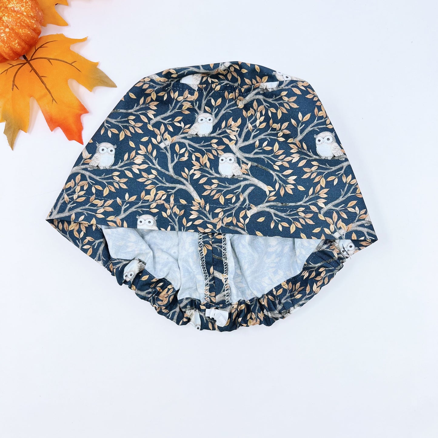 Thanksgiving Euro Scrub Cap from premium cotton for Women, Fall owl Surgical cap with Satin Lined Option