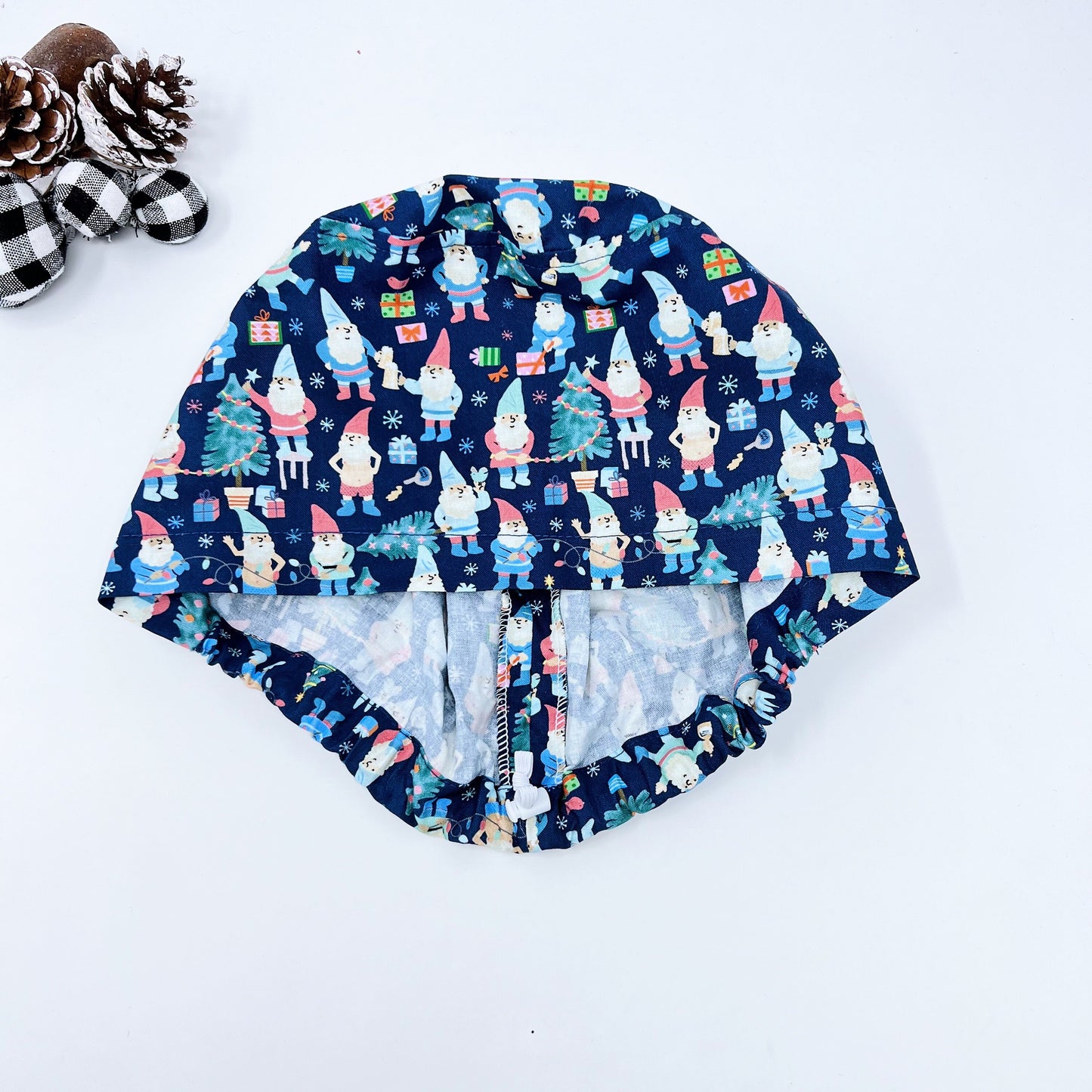 Christmas Euro Scrub Cap from premium cotton for Women, Gnomes Surgical cap with Satin Lined Option.