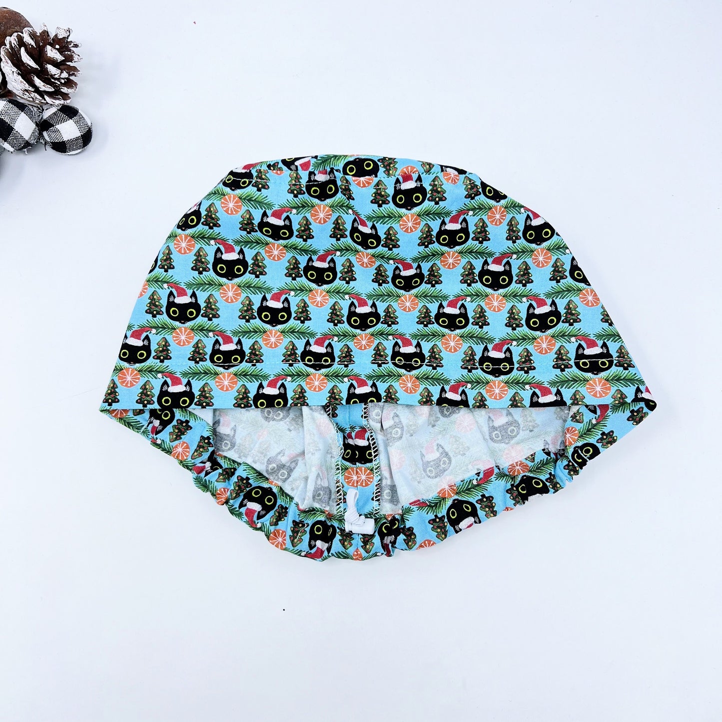 Christmas Euro Scrub Cap from premium cotton for Women, Cat Surgical cap with Satin Lined Option.