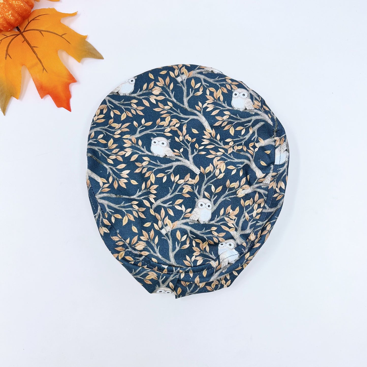 Thanksgiving Euro Scrub Cap from premium cotton for Women, Fall owl Surgical cap with Satin Lined Option