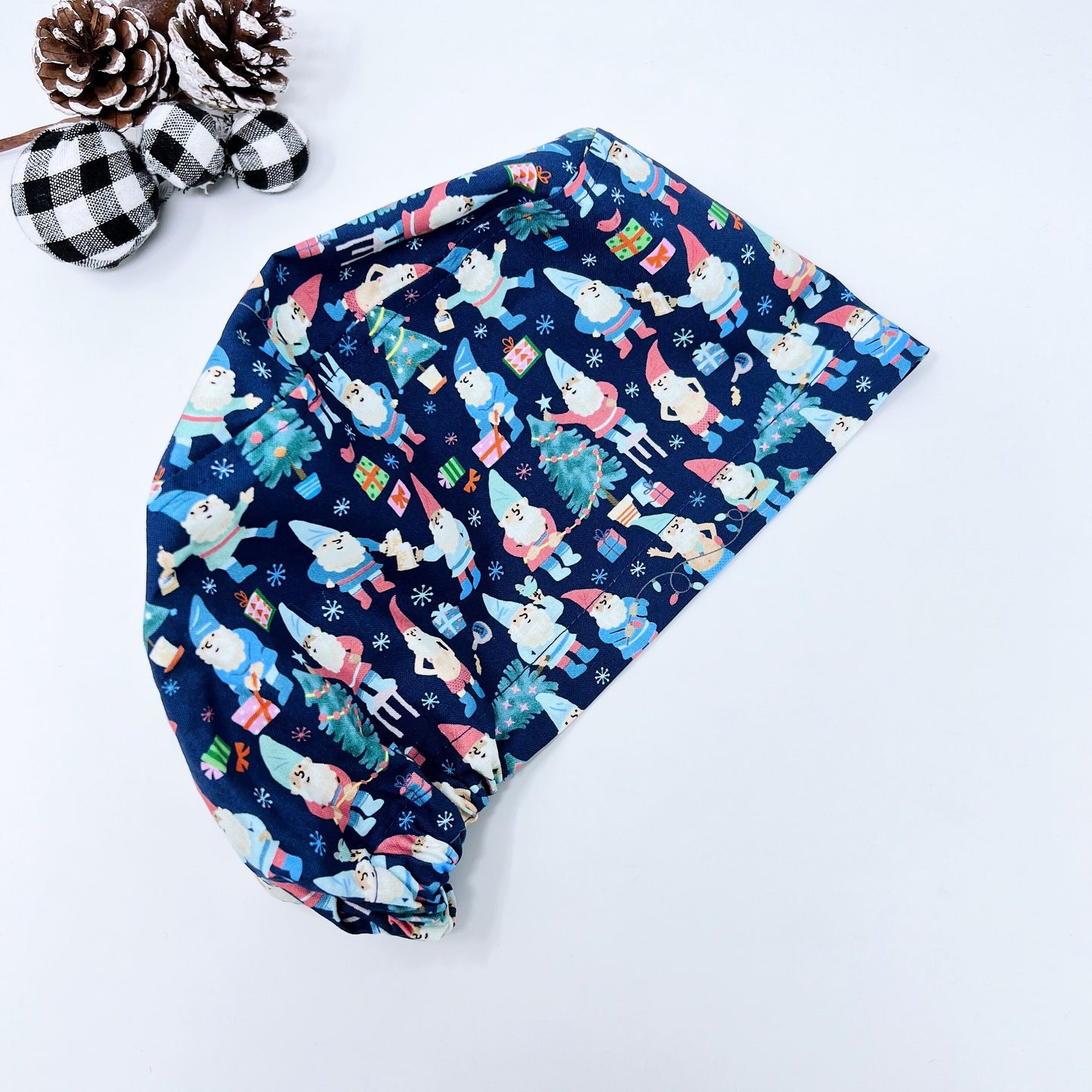 Christmas Euro Scrub Cap from premium cotton for Women, Gnomes Surgical cap with Satin Lined Option.