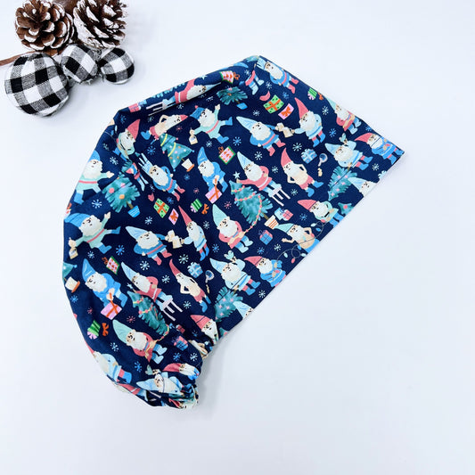 Christmas Euro Scrub Cap from premium cotton for Women, Gnomes Surgical cap with Satin Lined Option.