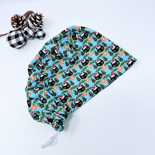 Christmas Euro Scrub Cap from premium cotton for Women, Cat Surgical cap with Satin Lined Option.