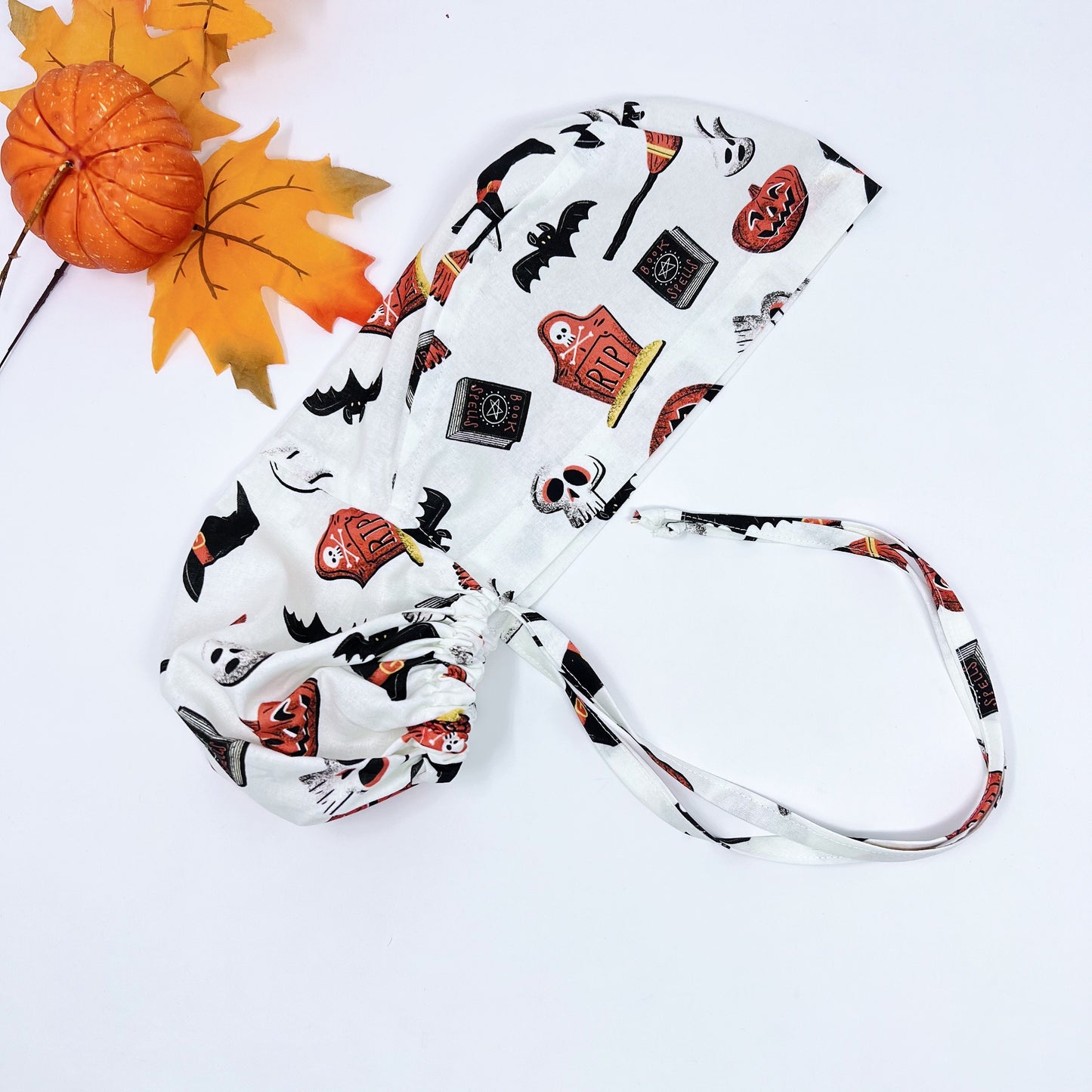 Halloween ponytail scrub cap, Fall Surgical cap women. Surgical cap with ponytail.