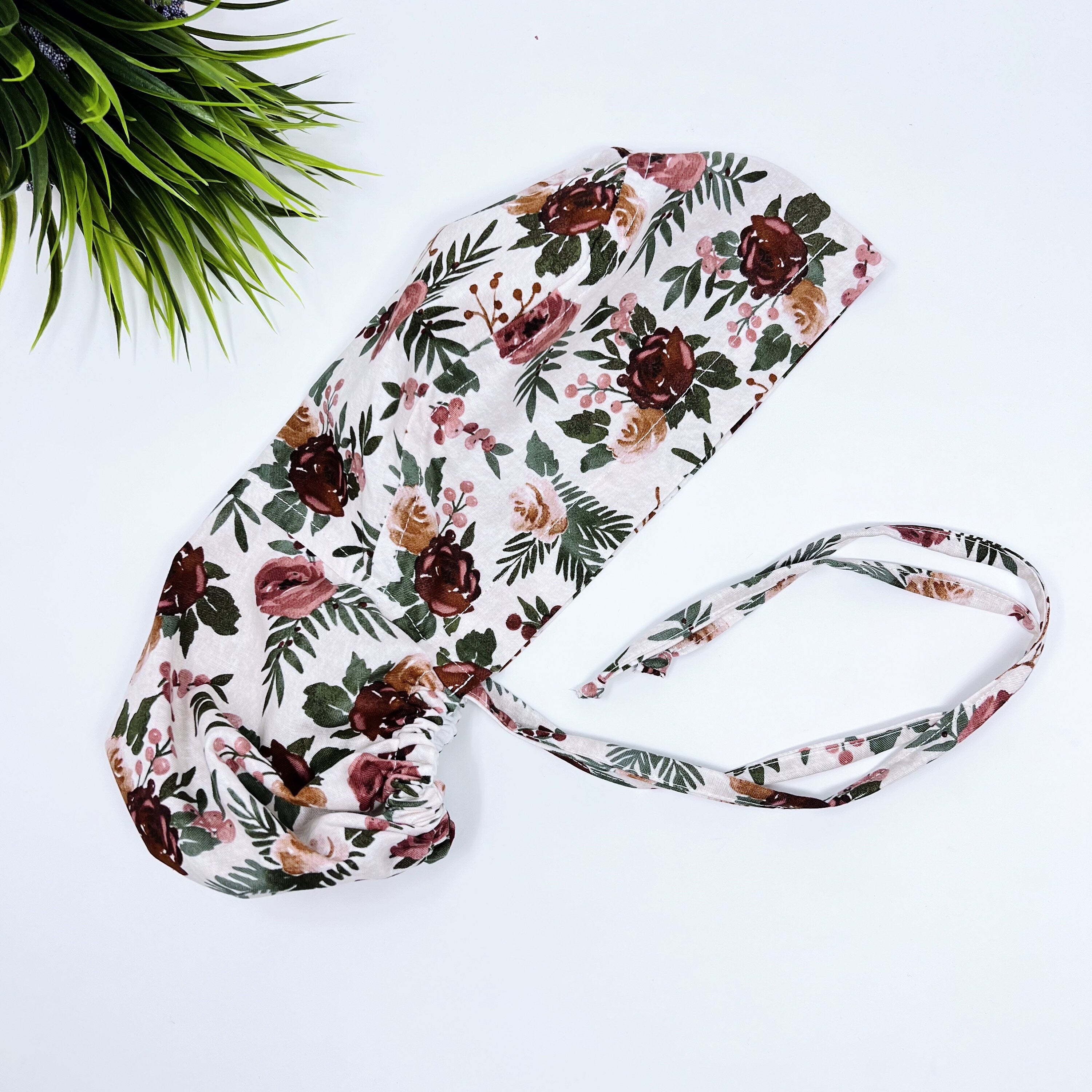 Floral Harvest Ponytail scrub cap, Thanksgiving Surgical Cap, Fall Surgical cap women. Satin Lined Option.