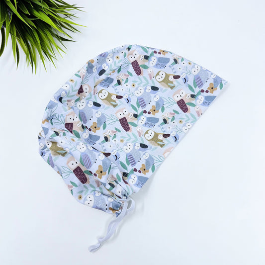 Owl You Need is Love - Euro Scrub Cap from premium cotton for Women, Fall owl Surgical cap with Satin Lined Option