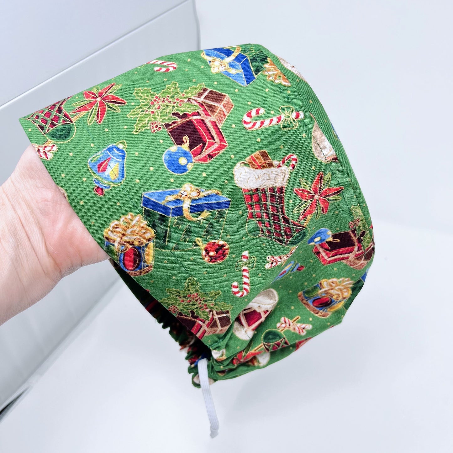 Christmas Stocking Euro Scrub Cap for Women, Surgical cap Satin Lined Option