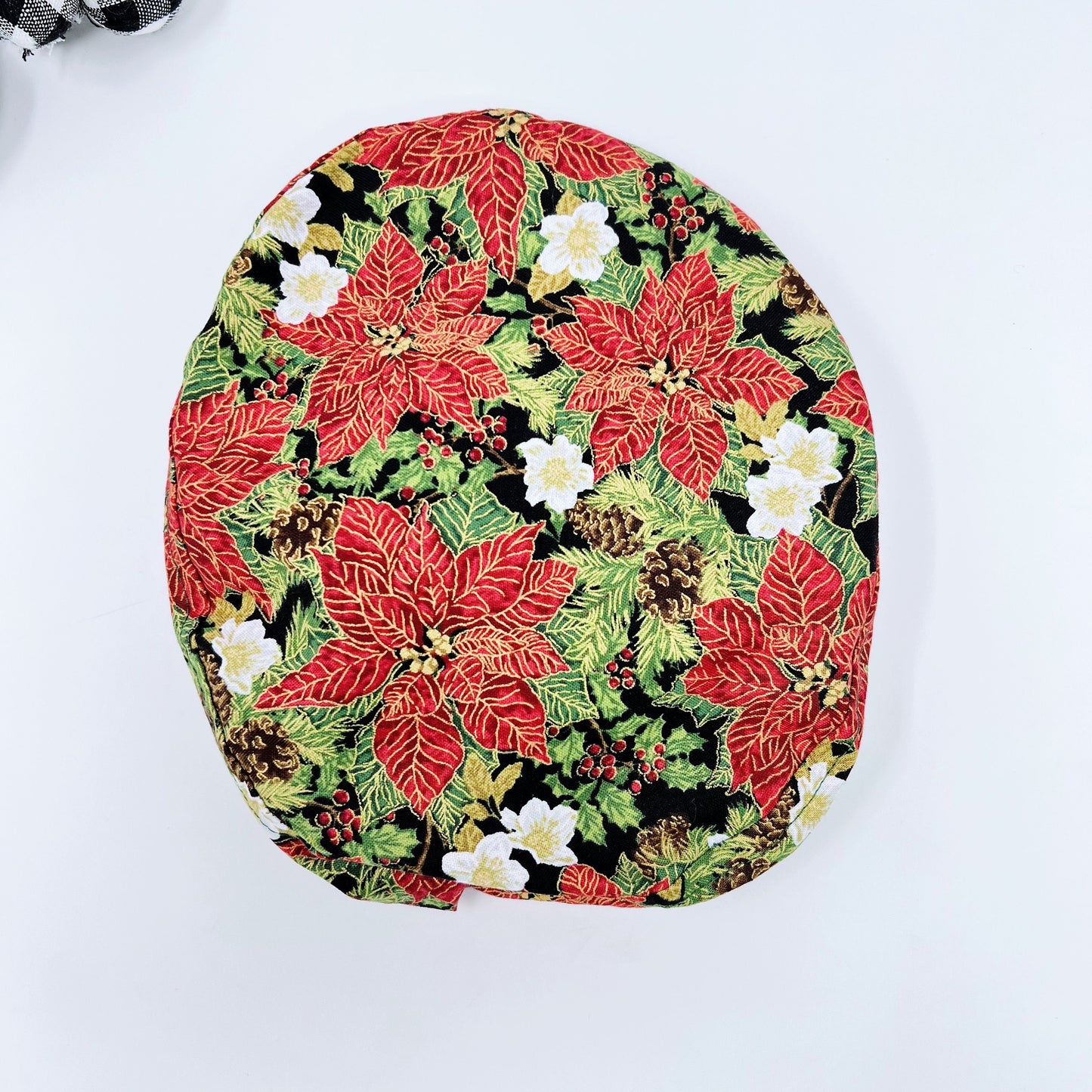 Red Gilded Poinsettias Euro Scrub Cap for Women, Christmas Surgical cap Satin Lined Option