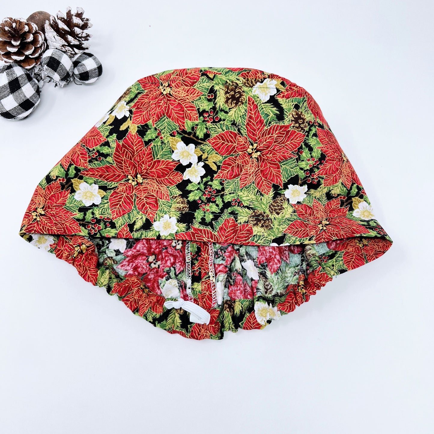 Red Gilded Poinsettias Euro Scrub Cap for Women, Christmas Surgical cap Satin Lined Option