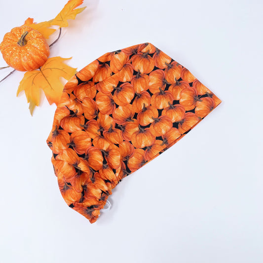 Pumpkin Euro Scrub Cap for Women, Thanksgiving Surgical cap Satin Lined Option