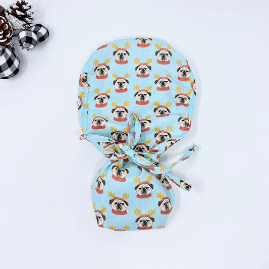 Christmas scrub cap. Funny ponytail scrub hat with dogs