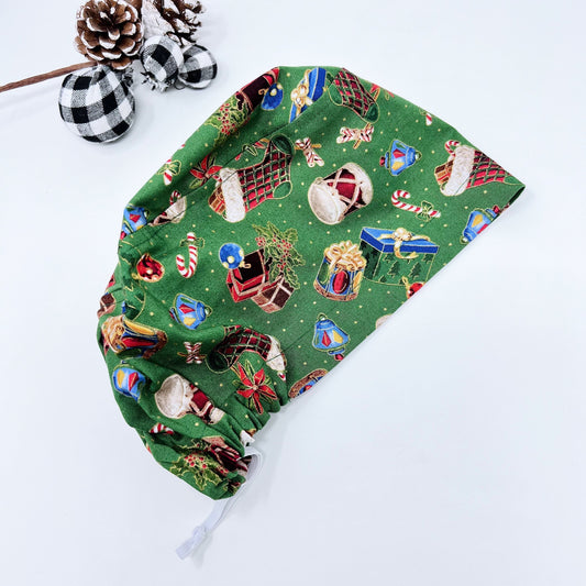 Christmas Stocking Euro Scrub Cap for Women, Surgical cap Satin Lined Option