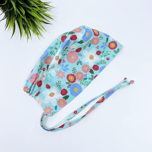 Green floral multi regular surgical cap. Medical Scrub Cap and badge holder. Dental scrub cap, Scrub caps for women.