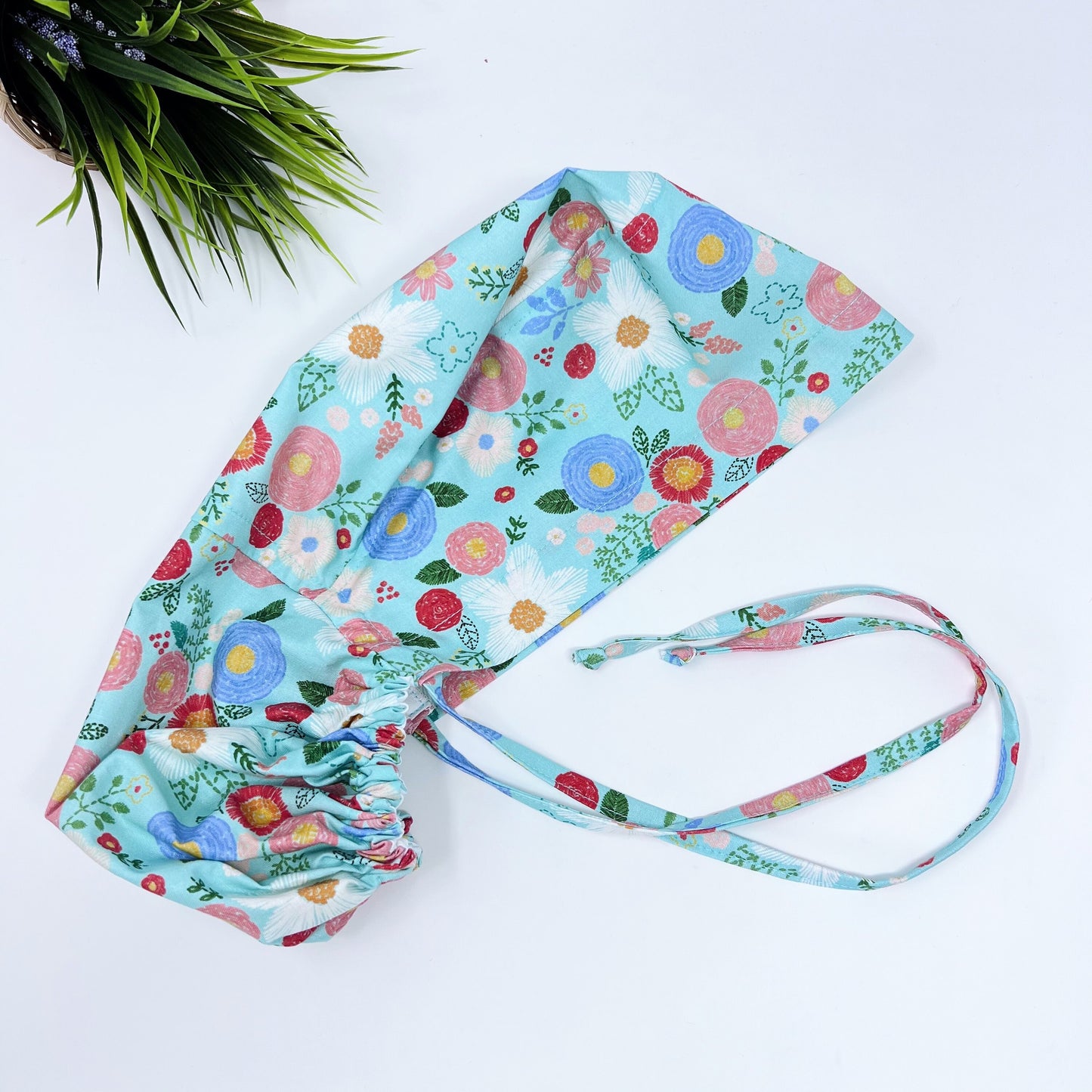 Green floral multi Ponytail scrub cap, Surgical cap for women with Satin Lined Option.