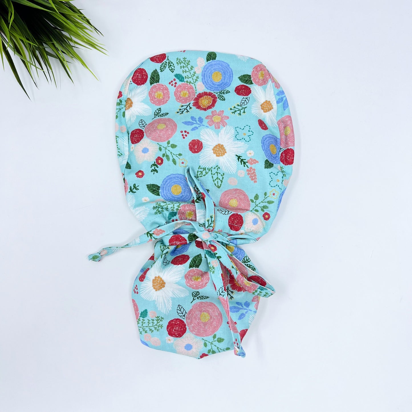 Green floral multi Ponytail scrub cap, Surgical cap for women with Satin Lined Option.