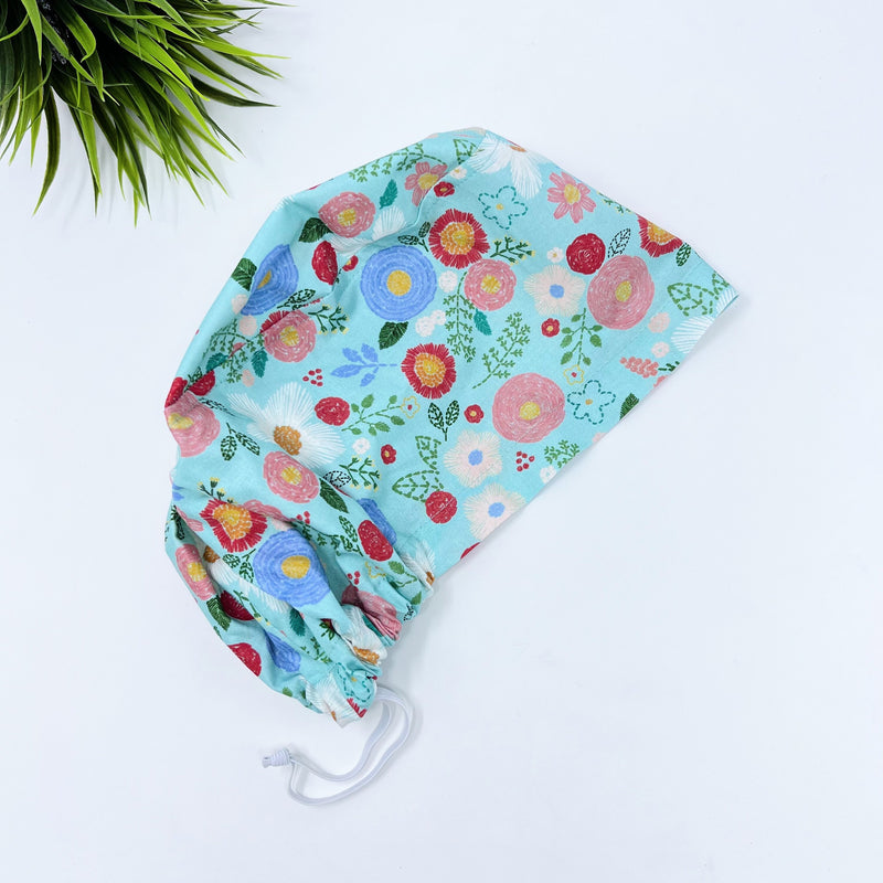 Green Floral Multi euro scrub cap for women, satin-lined option — Paradise Caps