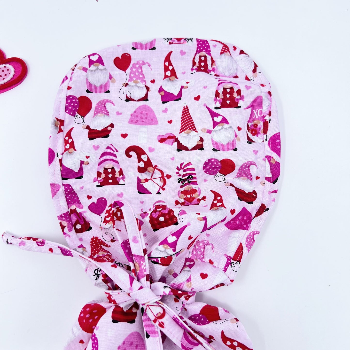 Love Gnomes Ponytail scrub cap. Valentine's day Ponytail scrub cap with Satin Lined Option.