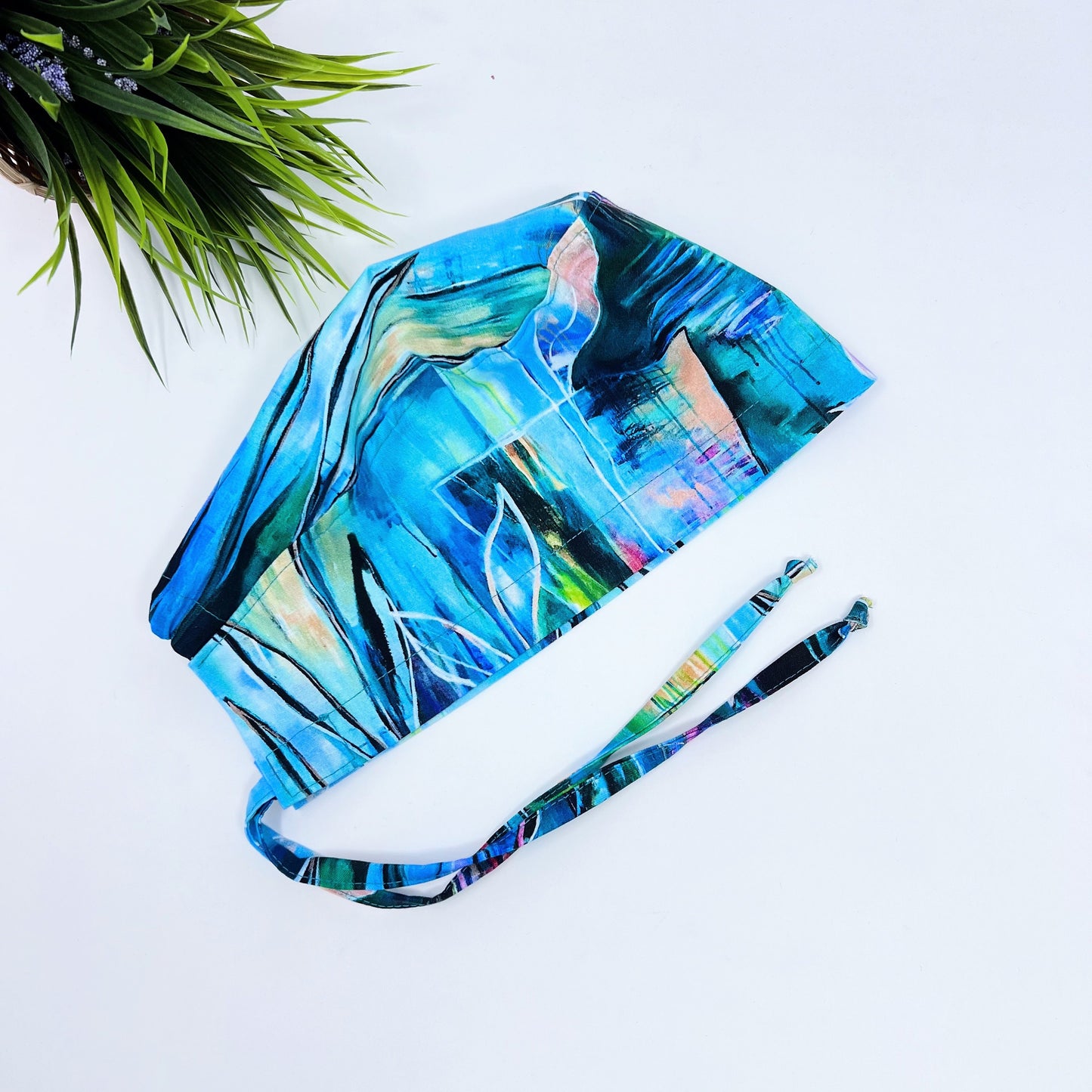 Large Floral Leaves Blue scrub cap, Scrub caps for women. Scrub caps for men. Medical Scrub Cap.