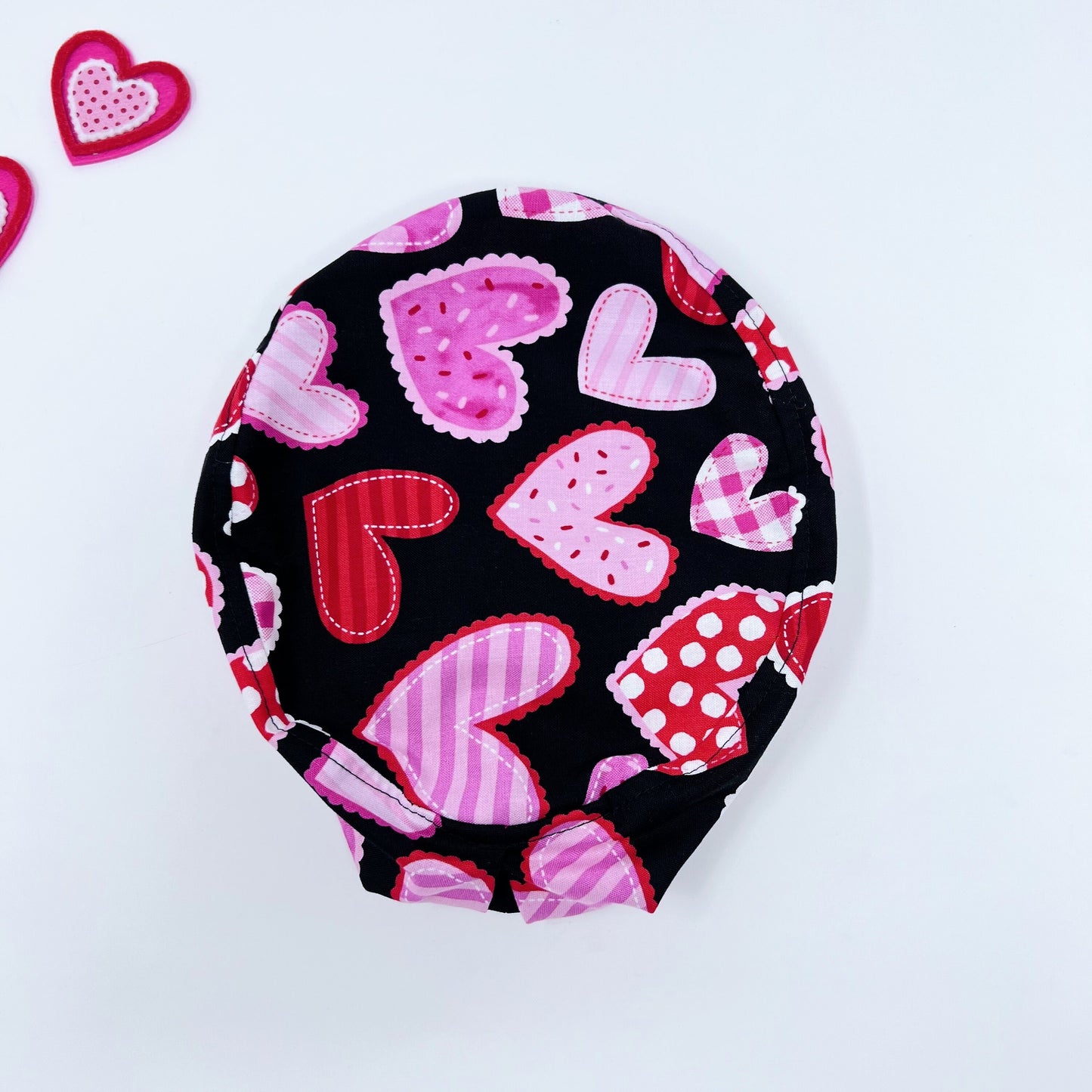 Valentines Quilted Hearts Scrub Cap for Women, Surgical cap with Satin Lined Option