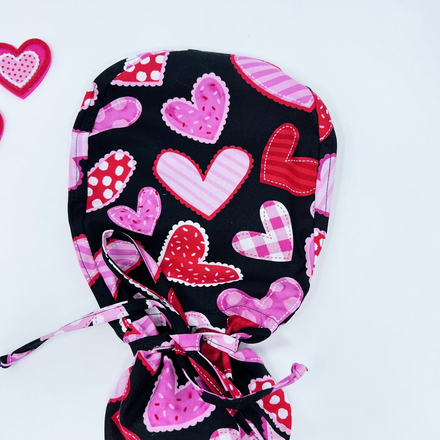 Valentines Quilted Hearts Ponytail scrub cap.