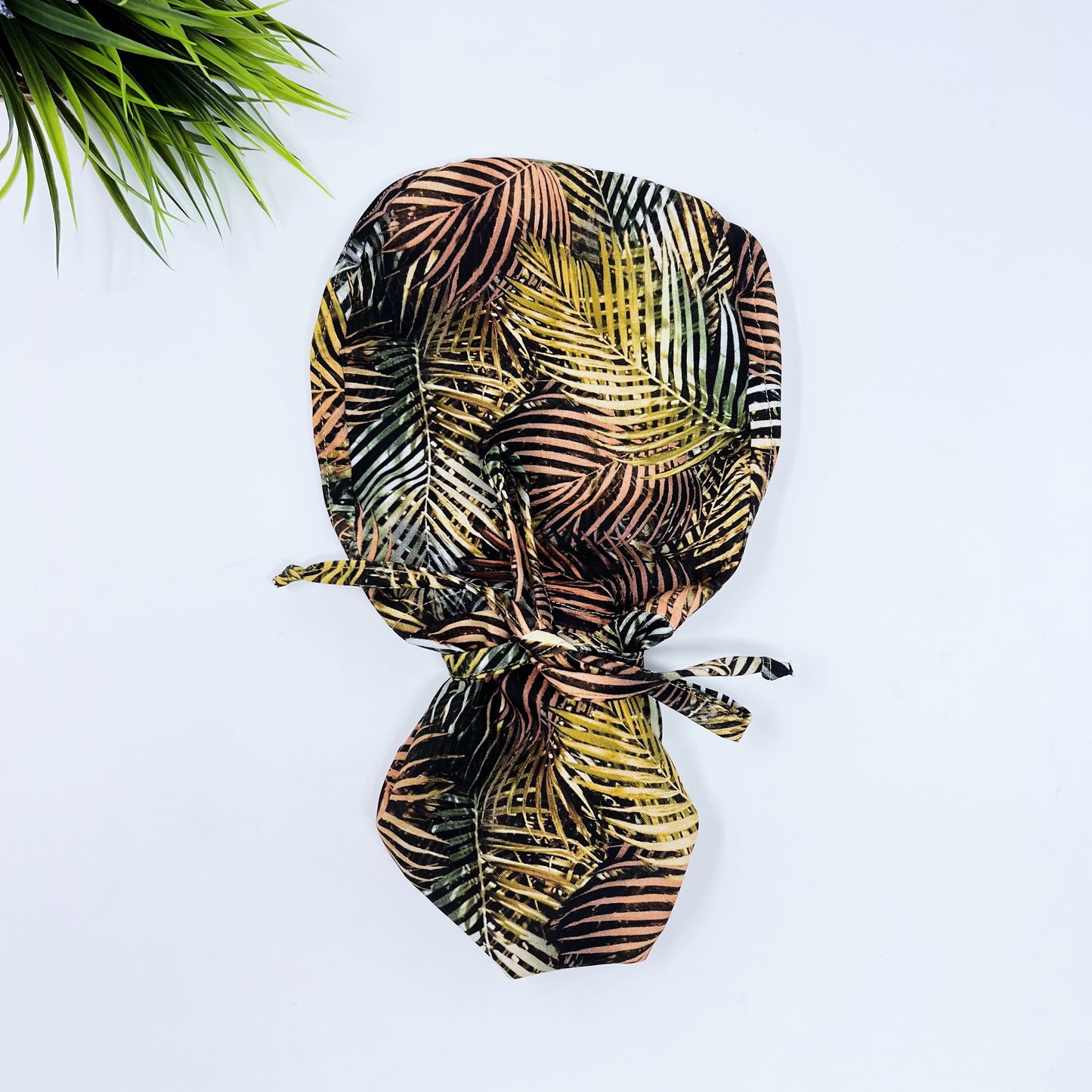 Tropical Forest Leaves Ponytail scrub cap, Surgical cap women. Satin Lined Option Surgical cap with ponytail.