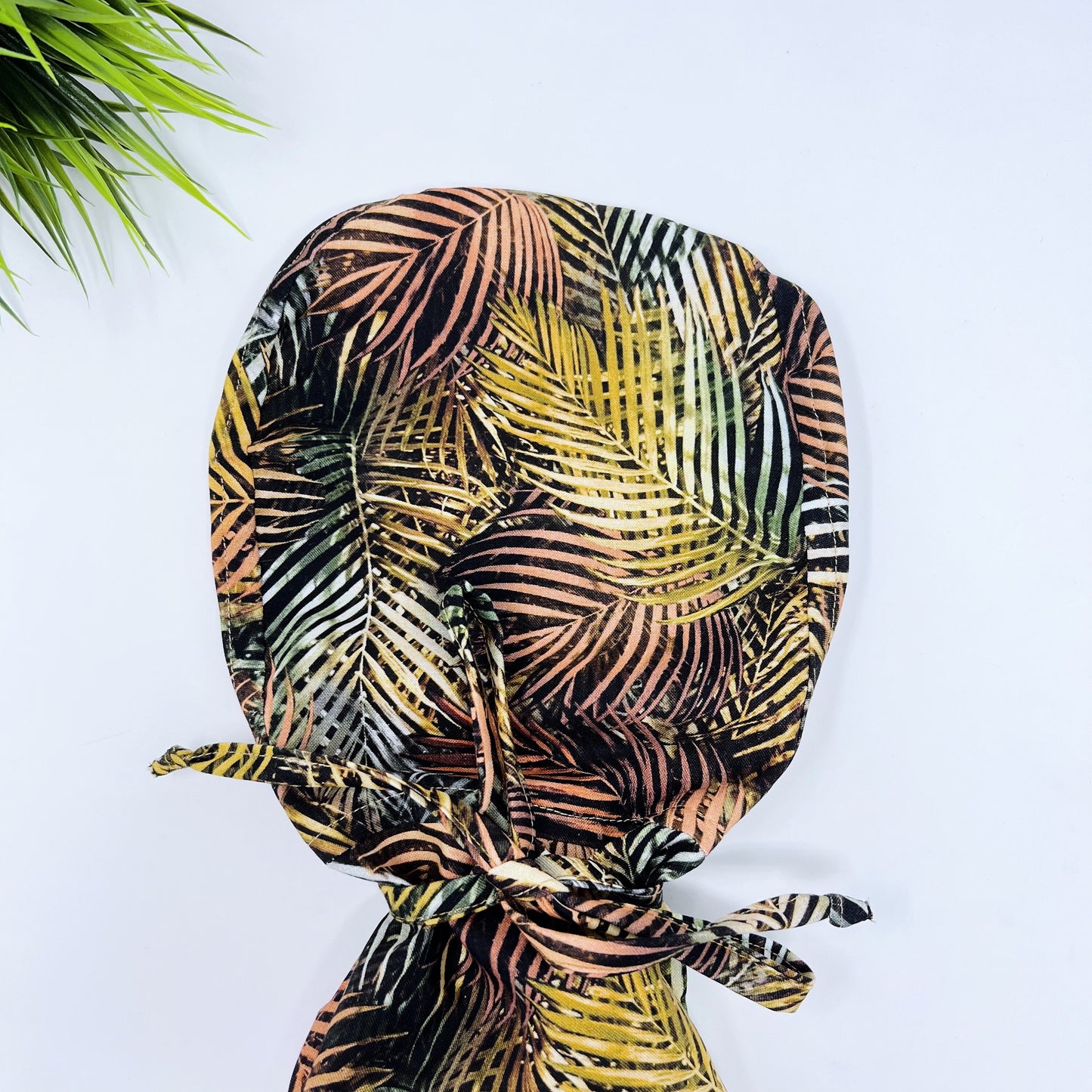 Tropical Forest Leaves Ponytail scrub cap, Surgical cap women. Satin Lined Option Surgical cap with ponytail.