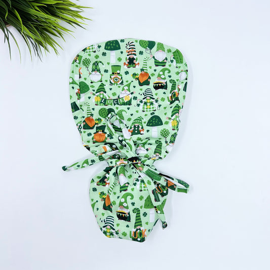 St. Patricks Day Ponytail Scrub Cap for Women. Luck Gnomes Ponytail Scrub Cap.