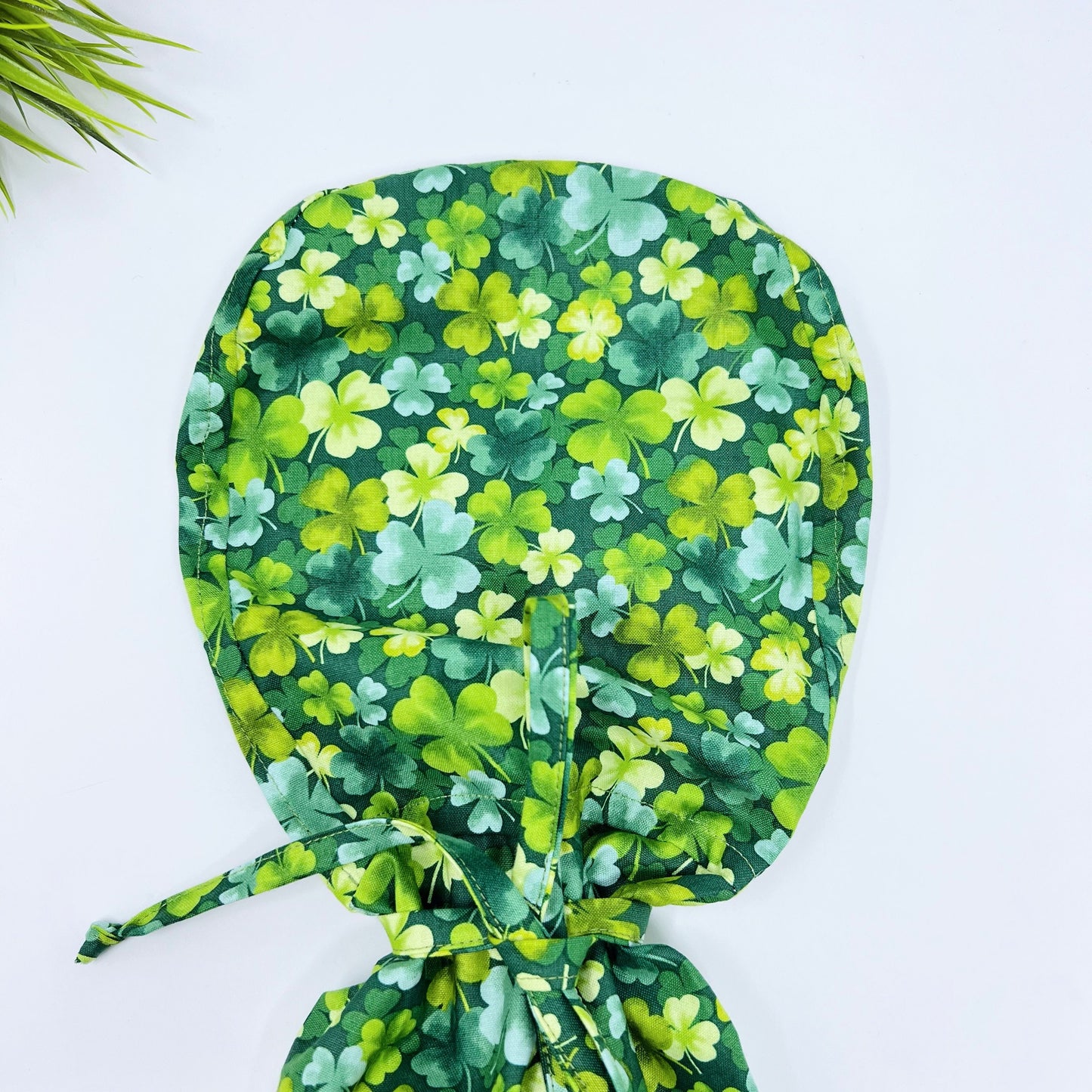 St. Patricks Day Ponytail Scrub Cap for Women. Packed Shamrocks Ponytail Scrub Cap.