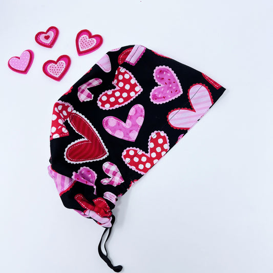 Valentines Quilted Hearts Scrub Cap for Women, Surgical cap with Satin Lined Option