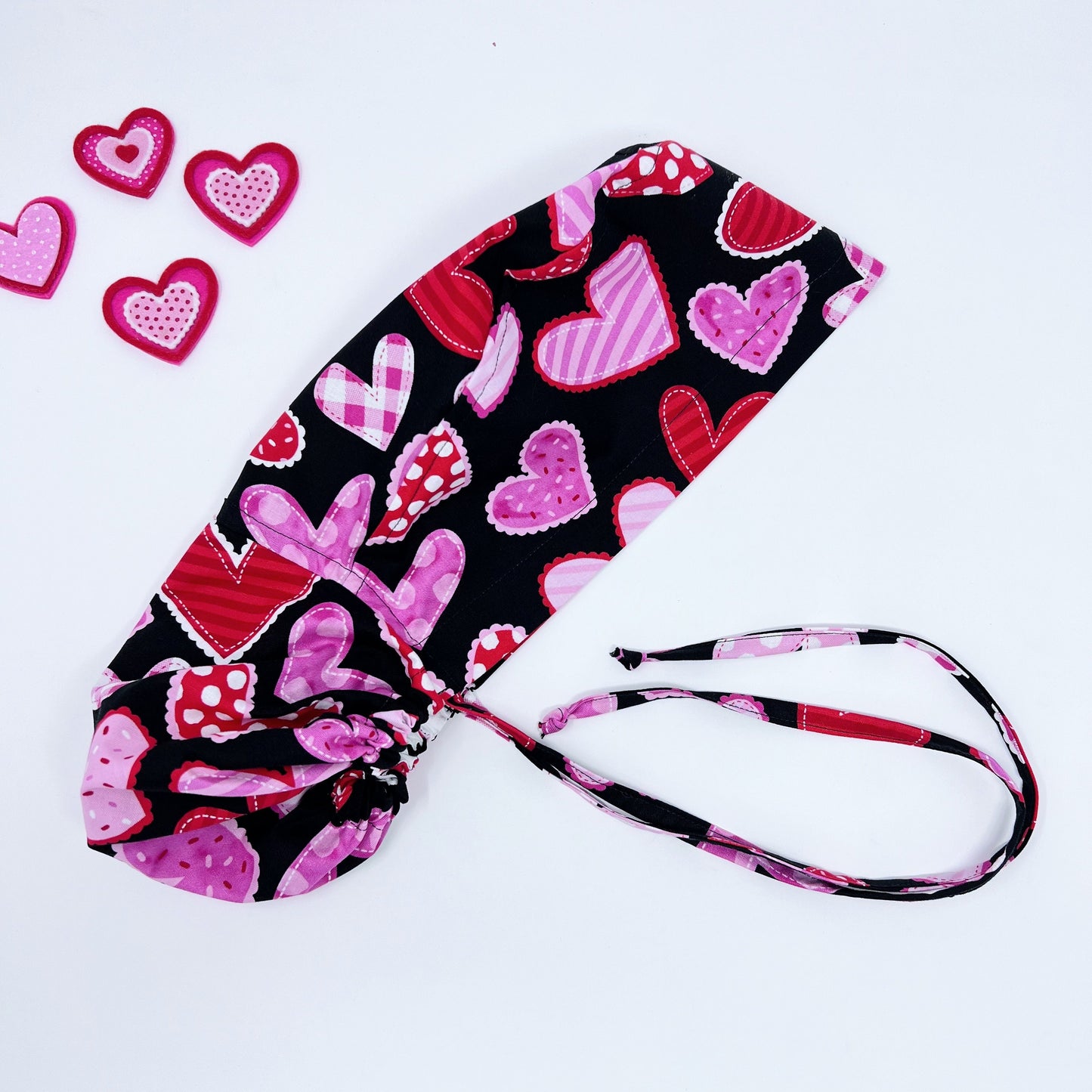 Valentines Quilted Hearts Ponytail scrub cap.