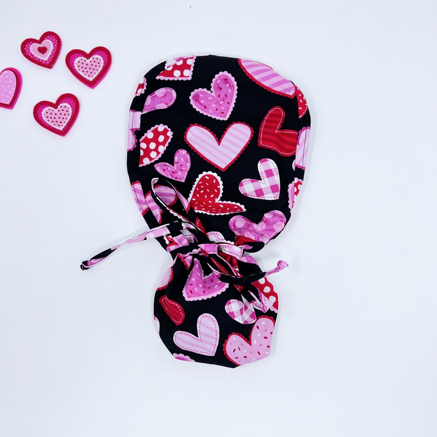 Valentines Quilted Hearts Ponytail scrub cap.