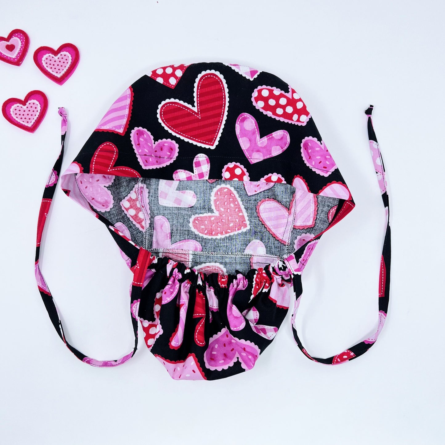 Valentines Quilted Hearts Ponytail scrub cap.