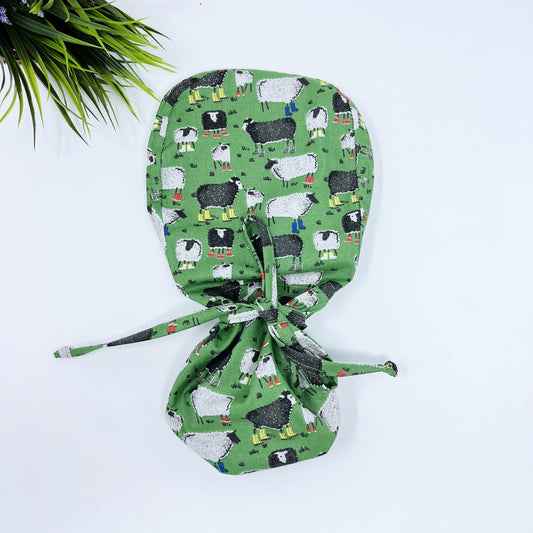 Sheep In Rainboots Ponytail scrub cap, Surgical cap women. Satin Lined Option Surgical cap with ponytail.