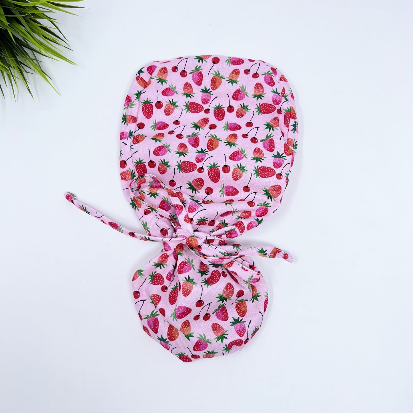 Cherries & Berries Ponytail scrub cap, Surgical cap women. Satin Lined Option Surgical cap with ponytail.