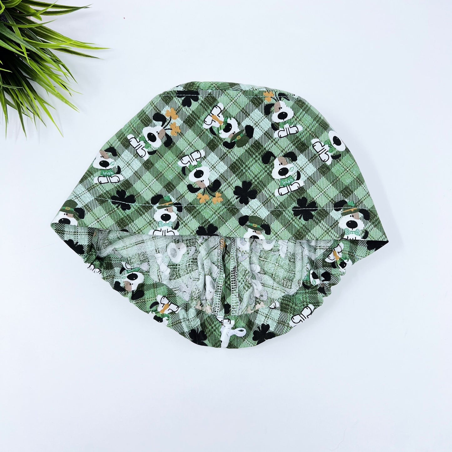 St. Patricks Day Euro Scrub Cap for Women, Dog Surgical cap with Satin Lined Option