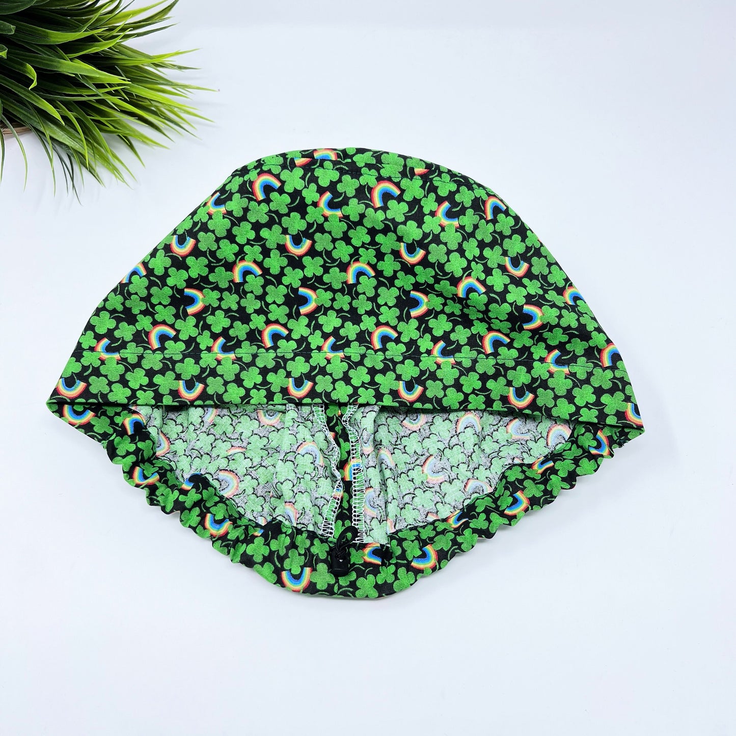 Shamrocks & Rainbows Euro Scrub Cap for Women, St. Patricks Day Surgical cap with Satin Lined Option