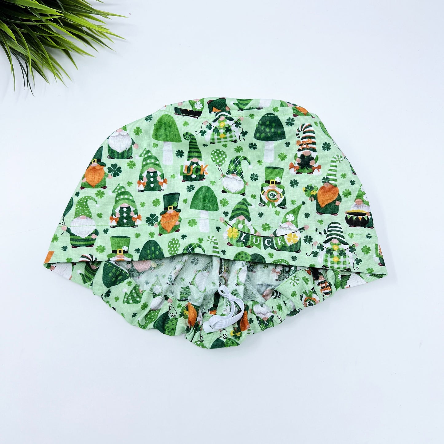 Luck Gnomes Euro Scrub Cap for Women, St. Patricks Day Surgical cap with Satin Lined Option